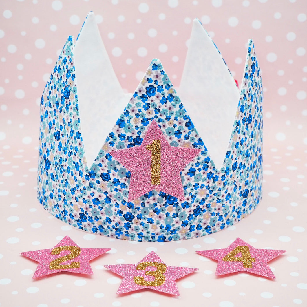 Blue Ditsy Floral Changeable Age Fabric Crown