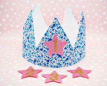 Load image into Gallery viewer, Blue Ditsy Floral Changeable Age Fabric Crown
